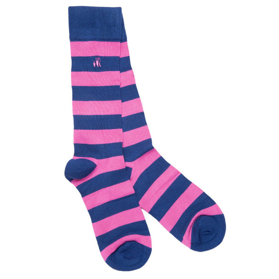 Pink and blue striped socks on a white background