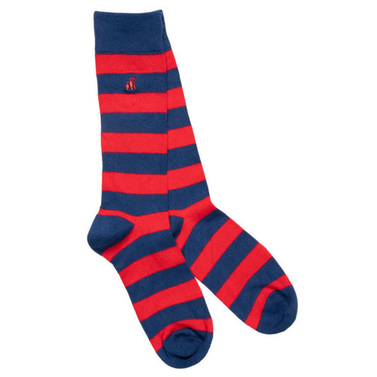 Red and blue striped socks on a white background