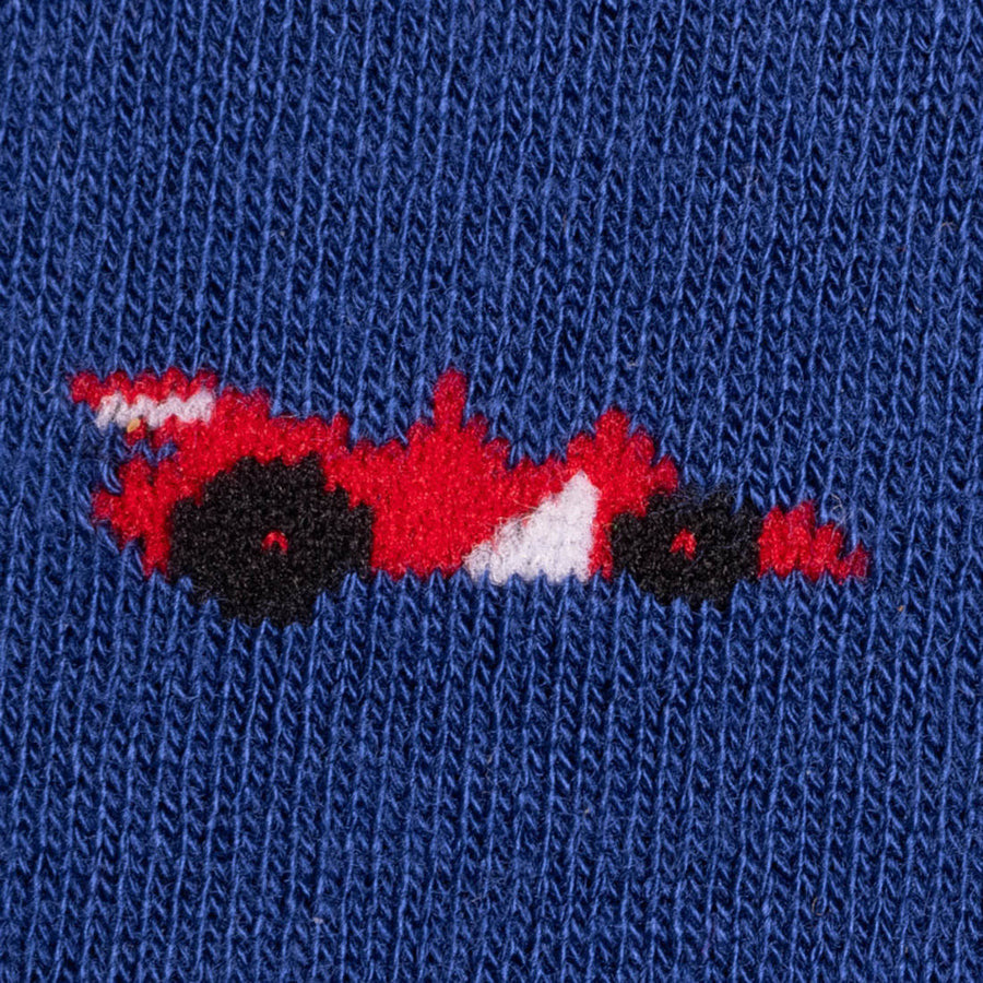 Close-up of a blue sock with a red and white abstract design.