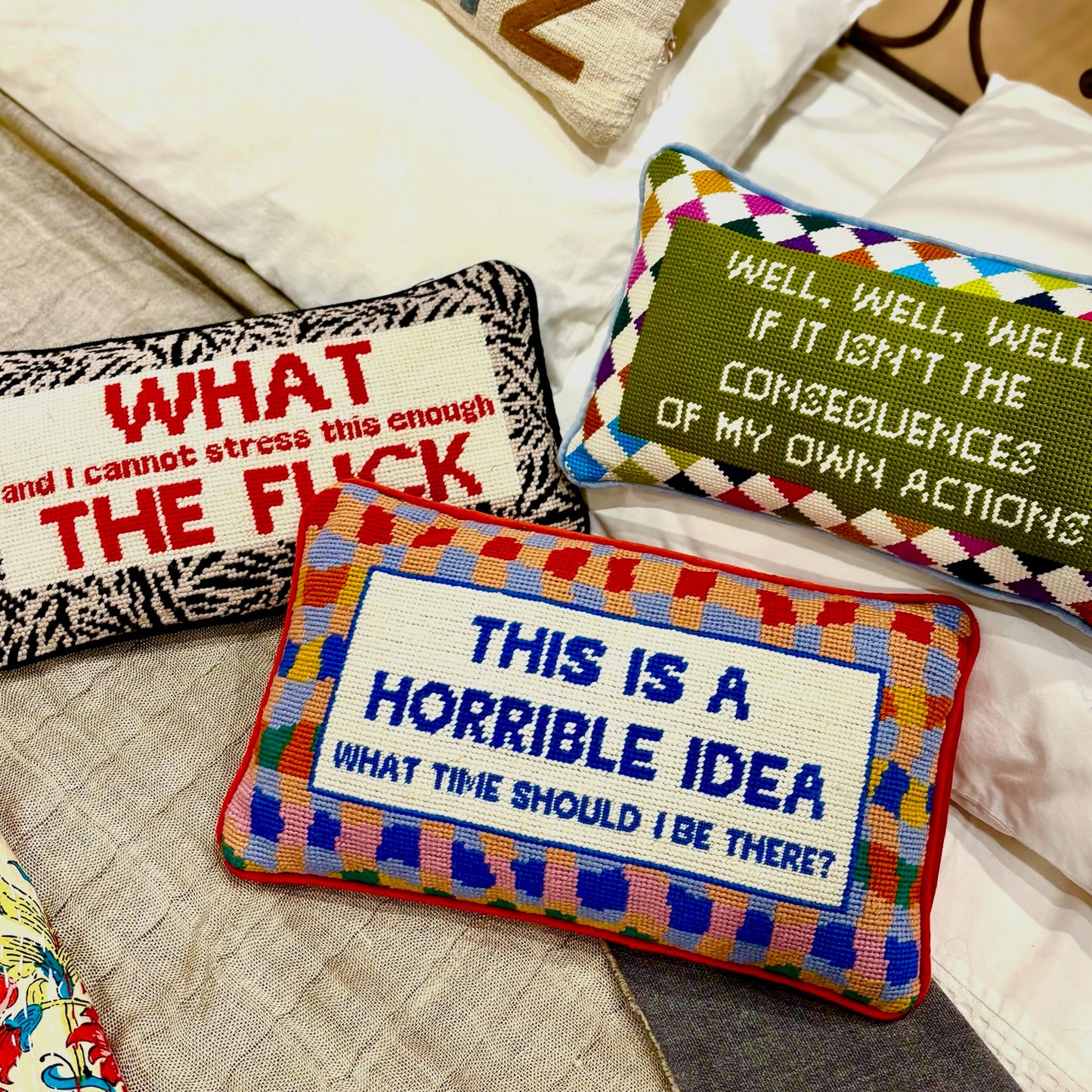 Needlepoint Slogan Cushions