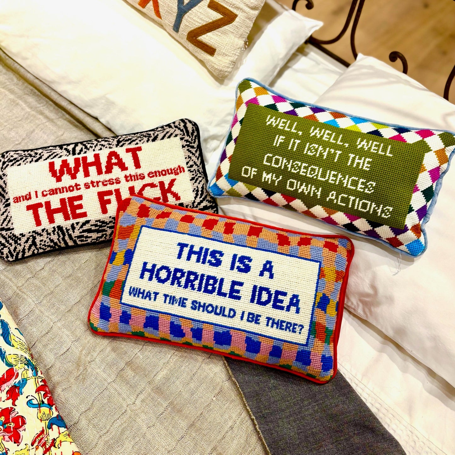 Needlepoint Slogan Cushions