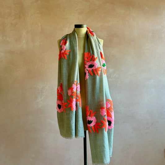 Poppy Embroidered Pashmina - Orange/Pink