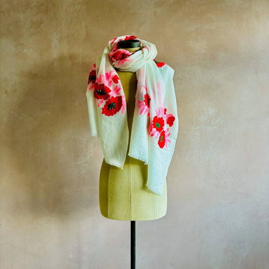 Poppy Embroidered Pashmina - Pink/Red