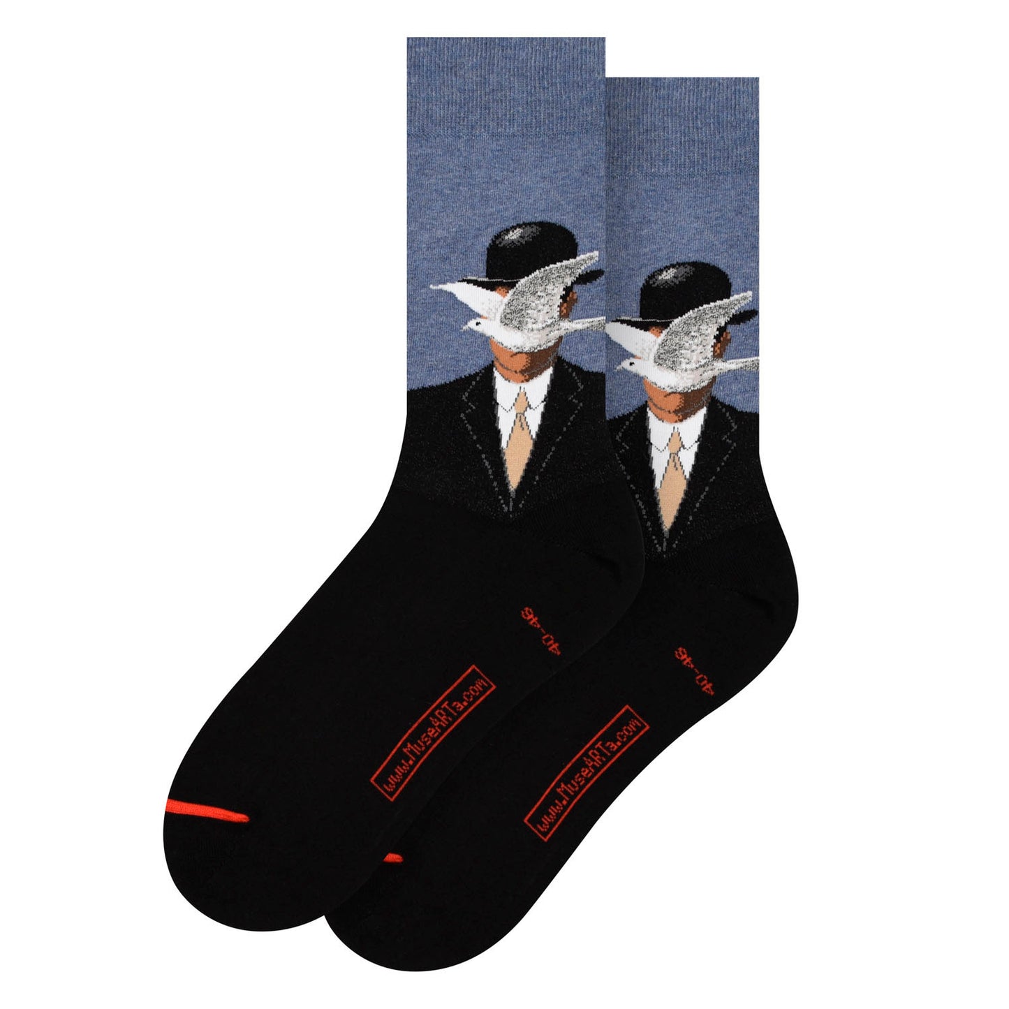 Black socks with a graphic design of a man in a suit and hat, featuring a bird on his head, on a white background.