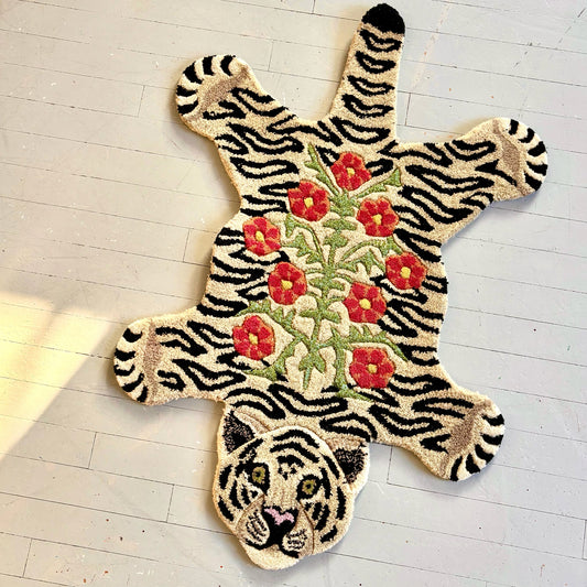 Floral White Tiger Wool Rug